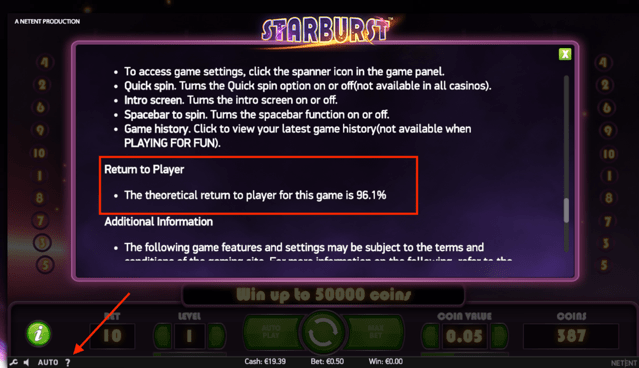 Starburst online slot has an RTP of 96 percent