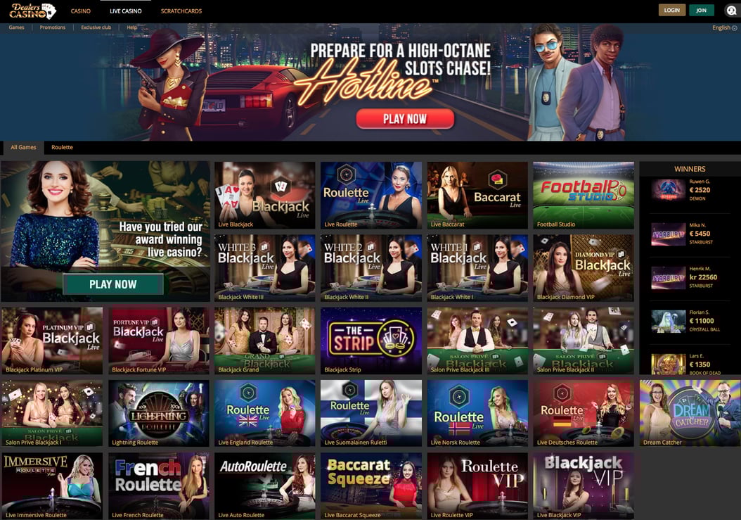 Play live casino games against real dealers at Dealers Casino