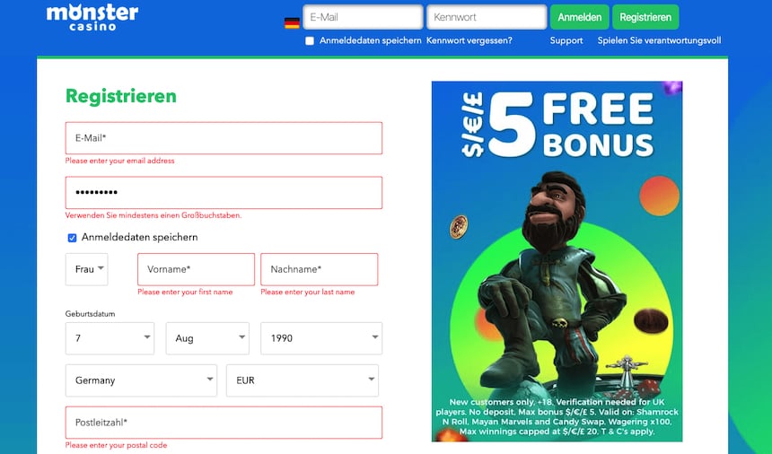 Registration Monster Casino