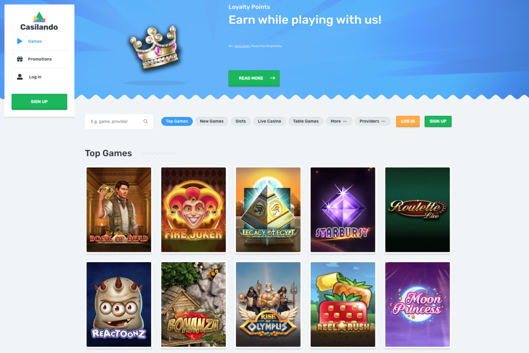 Casilando Casino Review frontpage games